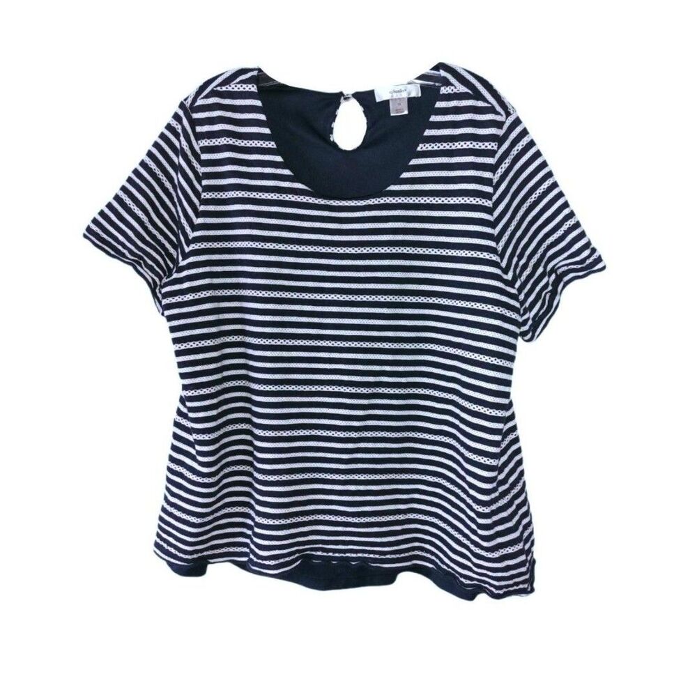 CJ Banks Navy & White Striped Keyhole Back Blouse Size 1X Casual Weekend Spring